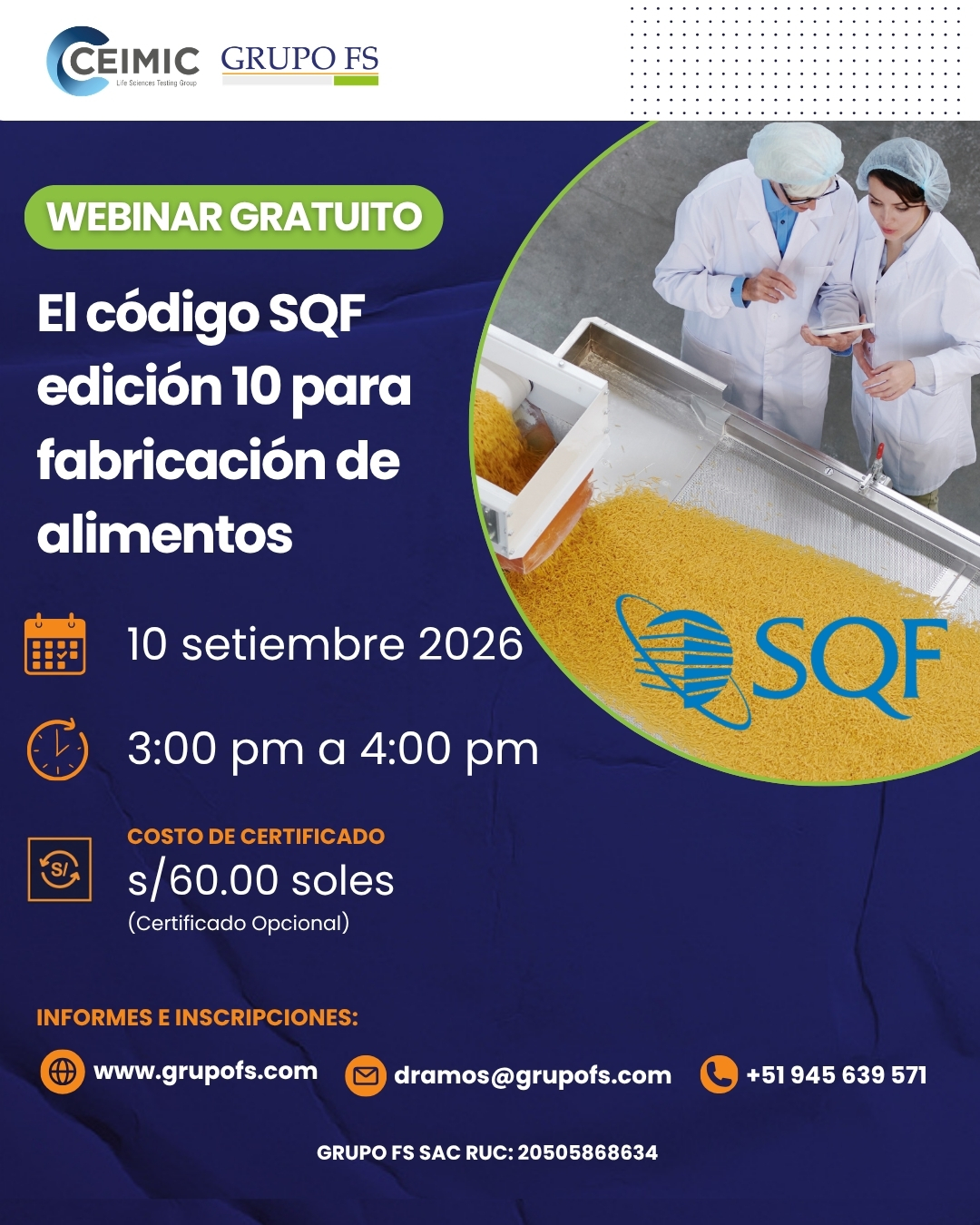 WEBINAR GRATUITO: EL CóDIGO SQF EDICIóN 10 PARA FABRICACIóN DE ALIMENTOS